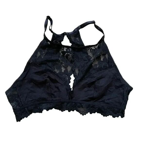 Jenny Jen Black Embroidered Floral Lace RACERBACK PADDED BRALETTE Spandex SZ L - Picture 3 of 10